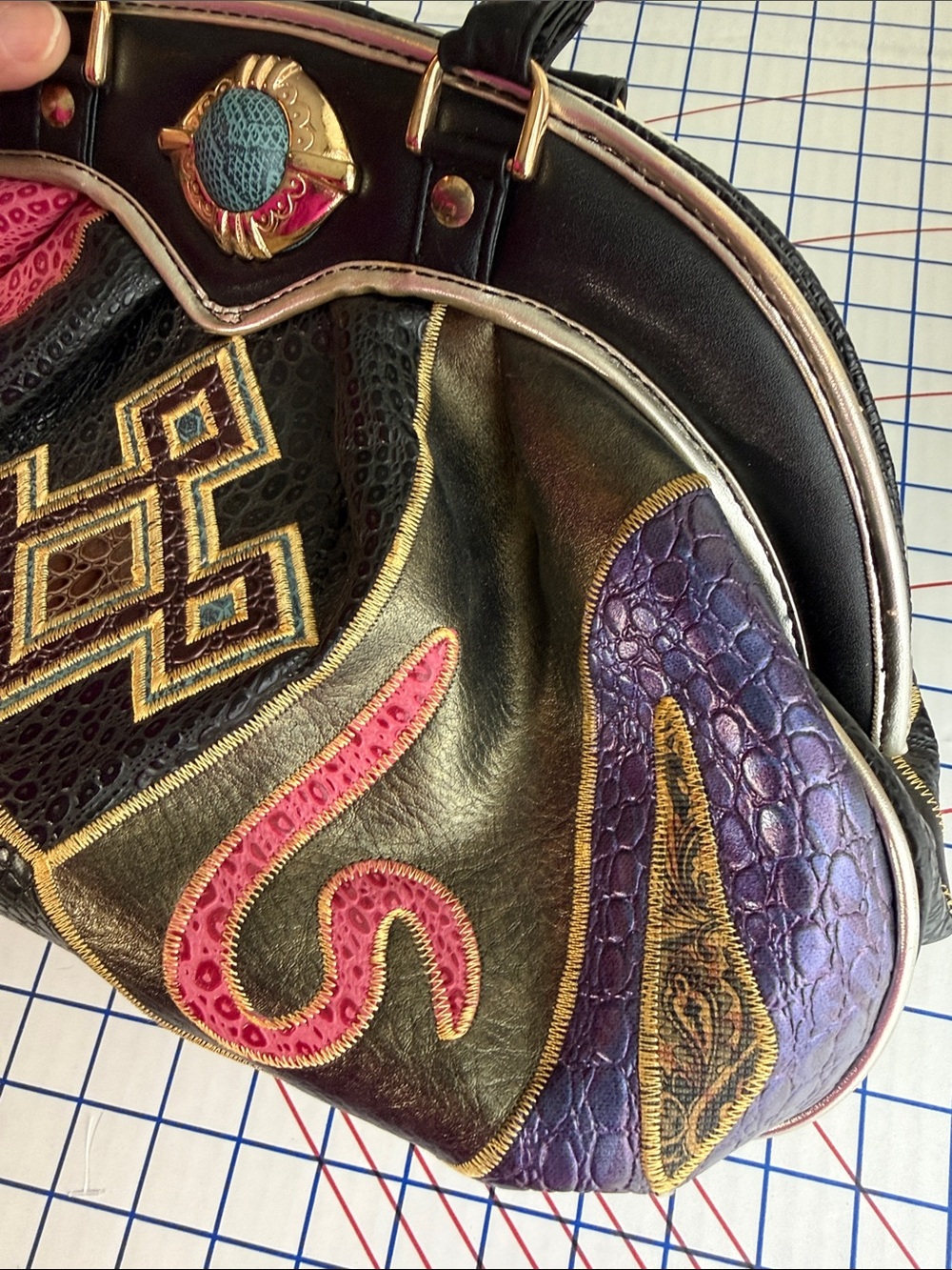 Vintage 90s NAS Bags Patchwork Maximalist Embossed Satchel Purse - Picture 7 of 16